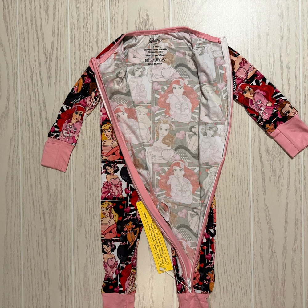 Wei Wei Disney Princess Bamboo Baby Girl Sleeper Size 12–18M 2-Way Zip NEW - Picture 6 of 11